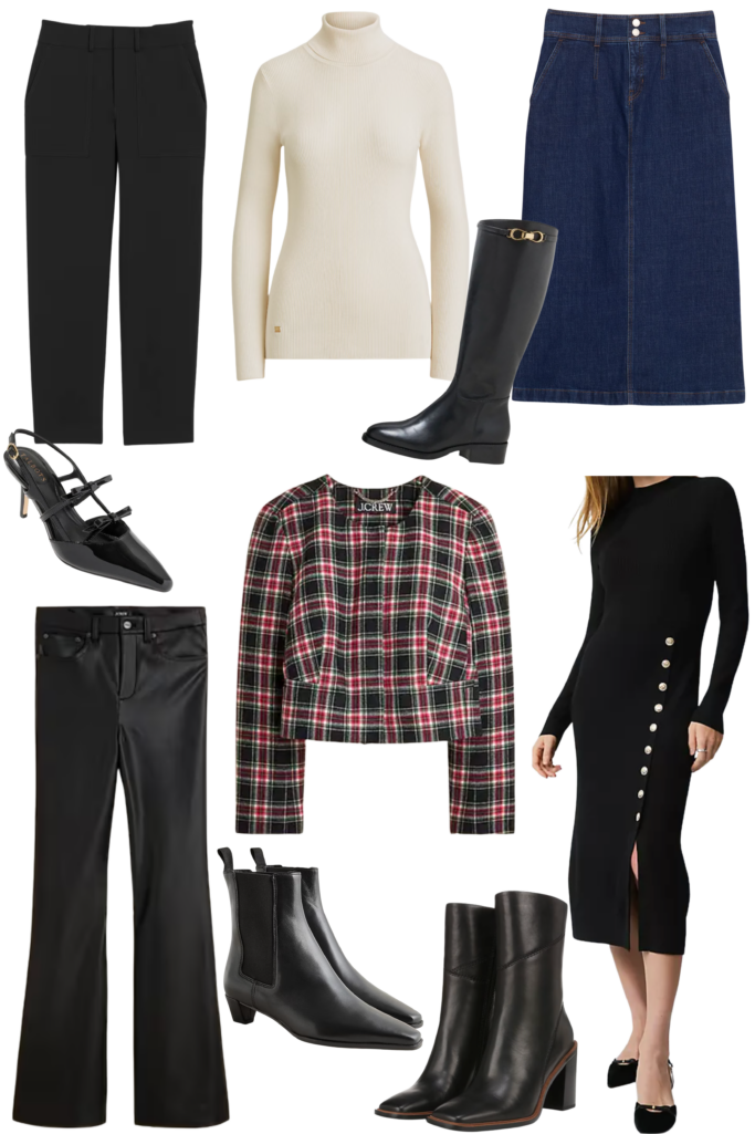 Styling collage showing three ways to wear Stewart tartan jacket - with black trousers and heels, with cream turtleneck and denim midi skirt with tall boots, and with black sweater dress and flats for petite holiday outfit ideas
