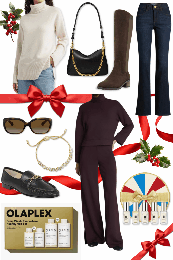 Holiday gift collage featuring cream wool-cashmere turtleneck sweater, black Tory Burch shoulder bag with gold chain, brown suede knee-high boots, dark wash bootcut jeans, tortoise Ray-Ban sunglasses, crystal slider bracelet, black Sam Edelman loafers with gold bit, brown Spanx turtleneck and wide-leg pants set, Olaplex healthy hair gift set, and Jo Malone cologne collection gift set with red ribbon and holly accents