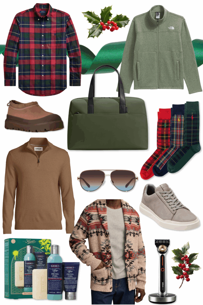 Holiday gift collage featuring red and green Polo Ralph Lauren plaid oxford shirt, sage green North Face fleece jacket, tan UGG waterproof slip-ons, olive green leather duffle bag, red and green tartan dress socks 3-pack, camel quarter-zip sweater, gradient aviator sunglasses, gray Cole Haan sneakers, Kiehl's men's skincare set, cream and rust Southwestern shawl cardigan, and GilletteLabs heated razor with green ribbon and holly accents