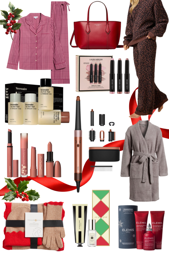Nordstrom last-minute gift ideas featuring pink gingham pajama set, red leather tote, Laura Mercier eyeshadow stick set, leopard print loungewear, Necessaire body care gift set, MAC lipstick set, Dyson Airwrap styling tool, cozy gray robe, cashmere throw and gloves set, Jo Malone fragrance duo, and Elemis skincare set—luxury holiday gifts for her