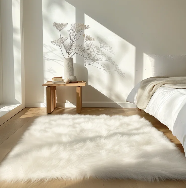 White faux sheepskin shag area rug styled in a bright bedroom, adding soft texture and warmth to light wood floors and neutral bedding.