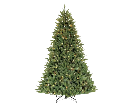 7.5-foot artificial Christmas tree with dense green branches and warm white lights, displayed on a metal stand.
