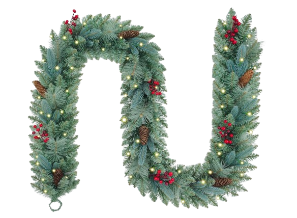 9-foot artificial Christmas garland with warm white pre-lit lights, pinecones, red berries, and realistic evergreen branches.