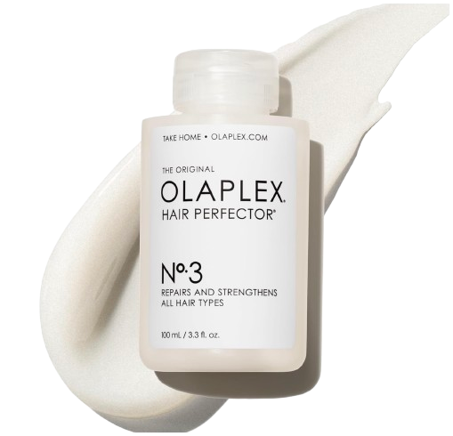 Olaplex No. 3 Hair Perfector bottle shown against a swipe of creamy product, a repairing treatment designed to strengthen all hair types.