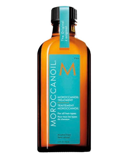 Amber bottle of Moroccanoil Treatment with teal label and black cap, a lightweight argan-oil hair treatment suitable for all hair types.