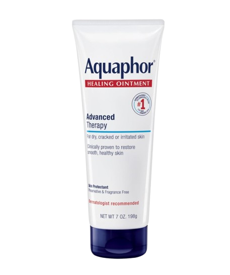 Tube of Aquaphor Healing Ointment Advanced Therapy, a dermatologist-recommended balm that restores smooth, healthy skin and relieves dry, cracked, or irritated areas.