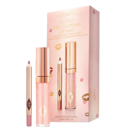 Charlotte Tilbury Mini Glossy Fresh Pink Lip Duo featuring a mini Lip Cheat lip liner in Pillow Talk and a mini Collagen Lip Bath gloss, packaged in a pink gift box with rose gold accents.