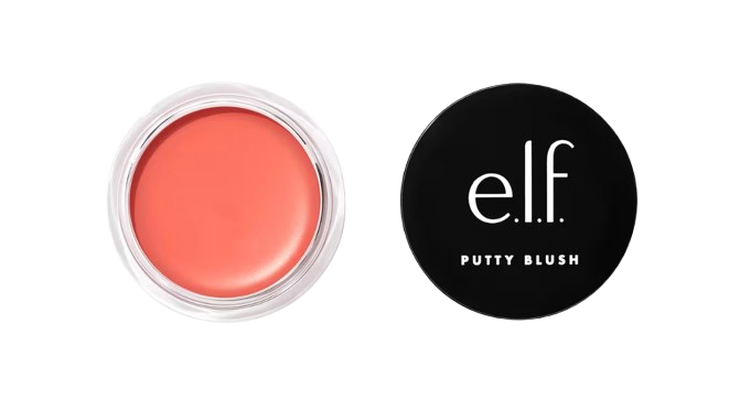 e.l.f. Putty Blush in a peachy coral shade, shown in an open pot with the black lid beside it; a creamy, buildable blush with a smooth, putty-like texture