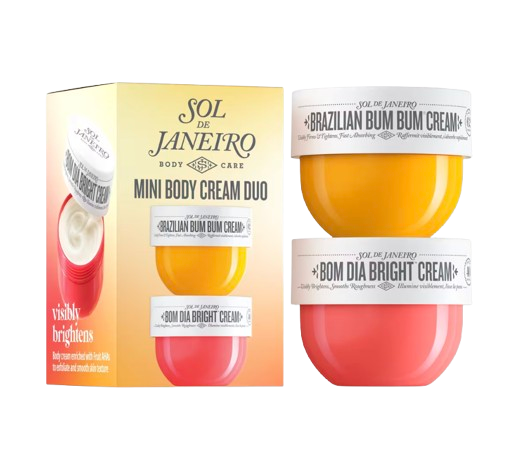 Sol de Janeiro Mini Body Cream Duo featuring travel-size Brazilian Bum Bum Cream and Bom Dia Bright Cream in yellow and pink jars with the coordinating gift box.