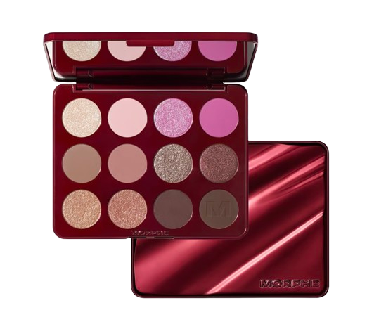 Morphe Naughty Eyeshadow Palette in a metallic red compact, opened to reveal 16 warm and rosy-toned eyeshadow shades in matte and shimmer finishes.