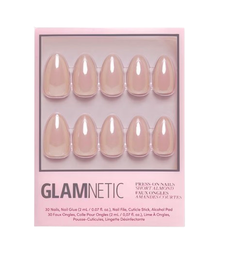 Glamnetic Los Angeles press-on nails in a short almond shape, displayed in a pink box with 30 glossy nude nails arranged in rows.