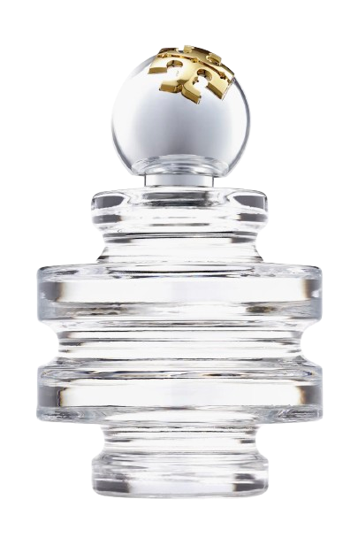 Tory Burch Sublime Eau de Parfum in a sculptural, tiered glass bottle with a reflective silver sphere cap accented by the gold Tory Burch logo.