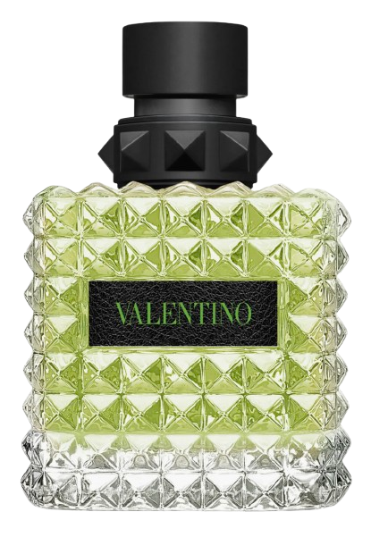 Valentino Born in Roma Donna Green Stravaganza Eau de Parfum in a studded, diamond-textured glass bottle with a green tint, finished with a black studded collar and black Valentino label.