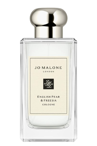 Jo Malone London English Pear & Freesia Cologne in a tall, clear rectangular glass bottle with a cream label and a rounded silver cap.