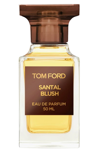 Tom Ford Santal Blush Eau de Parfum in a clear rectangular glass bottle with warm amber liquid, topped with a glossy brown cap and a brown label with gold lettering.