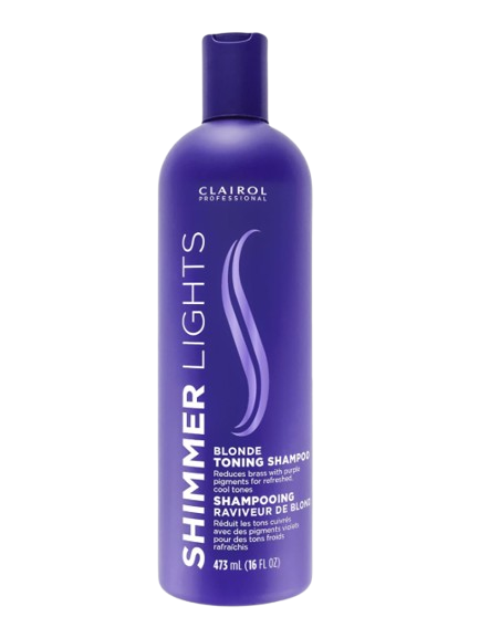 Purple bottle of Clairol Professional Shimmer Lights Blonde Toning Shampoo formulated to reduce brassiness and refresh cool blonde tones.
