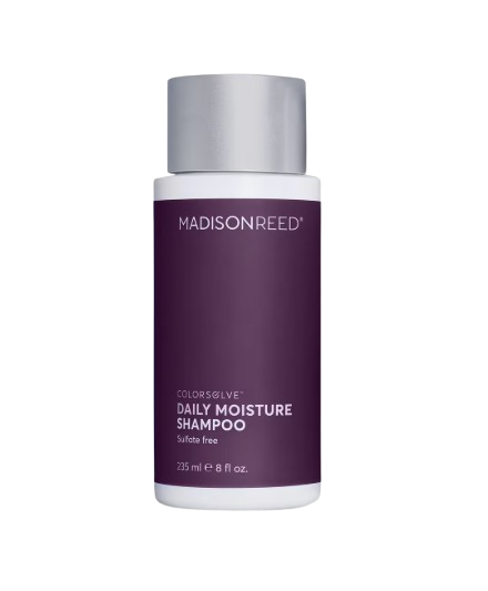 Madison Reed Daily Moisture Shampoo in a sleek plum-colored bottle with a silver cap, labeled as sulfate-free and formulated for color-treated hair.