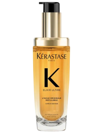 Kérastase Elixir Ultime Original Hair Oil in a clear glass pump bottle filled with golden hair oil, topped with a gold and black dispenser.
