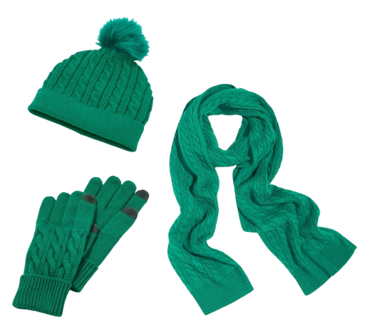 Emerald green cable knit winter accessories set including pom-pom beanie, long scarf, and touchscreen-compatible gloves arranged on white background.