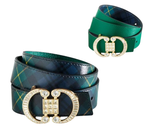 Crystal Embellished Reversible Pebble Leather Belt