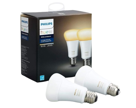 Philips Hue White Ambiance smart LED light bulbs shown with packaging, featuring adjustable warm-to-cool white lighting for customizable home ambiance.