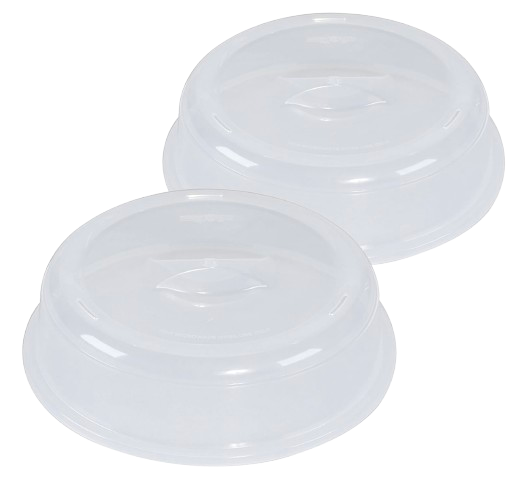 Nordic Ware microwave plate covers in translucent white plastic, set of two, designed to prevent splatters while reheating food.