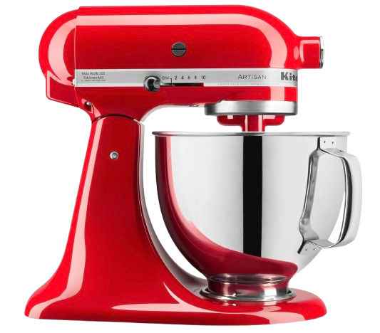 Red KitchenAid Artisan Series 5-quart stand mixer with stainless steel mixing bowl, shown from the side with tilt-head design.