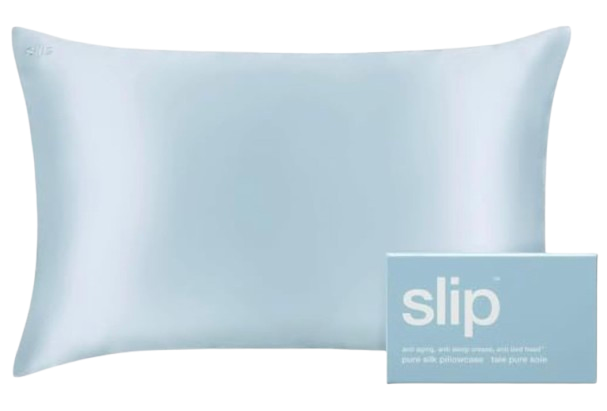 Slip Pure Silk pillowcase in light blue, made from 100% mulberry silk to help reduce hair breakage, minimize sleep creases, and support smoother skin overnight.