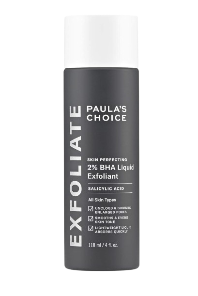 Paula’s Choice Skin Perfecting 2% BHA Liquid Exfoliant in a gray bottle, formulated with salicylic acid to unclog pores, smooth texture, and even skin tone.