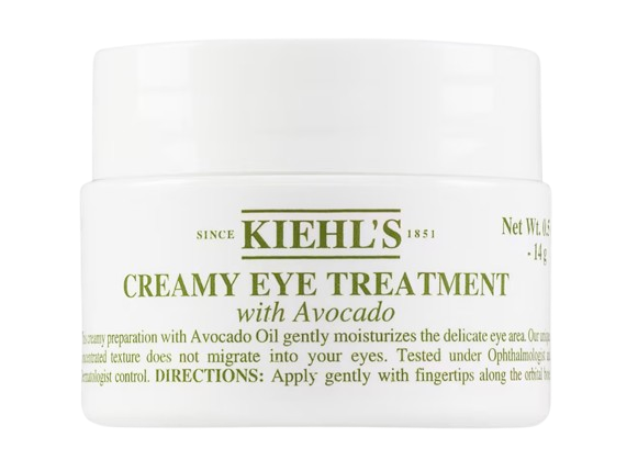 Kiehl’s Creamy Eye Treatment with Avocado in a white jar, a rich yet gentle eye cream formulated to moisturize and nourish the delicate under-eye area.