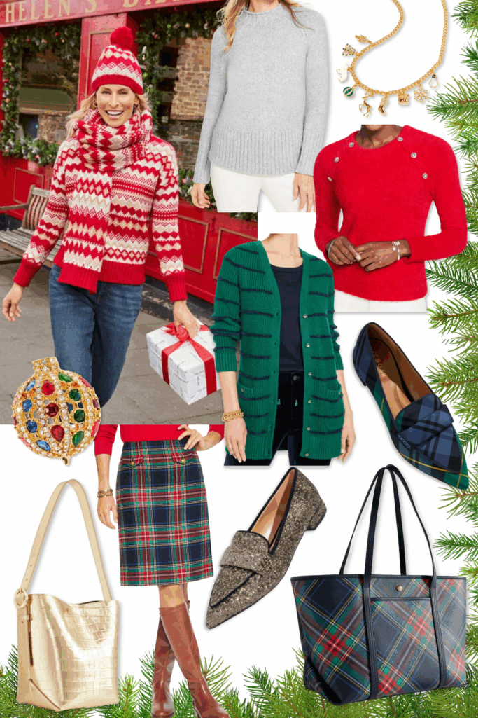Holiday gift collage featuring woman in red and cream fair isle sweater with matching hat and scarf, gray mockneck sweater, gold holiday charm necklace, red fuzzy crewneck sweater, green windowpane cardigan, jeweled ornament brooch, navy tartan pencil skirt, gold metallic bucket bag, gunmetal sparkle loafers, navy tartan bow flats, and navy tartan leather tote with evergreen branch accents
