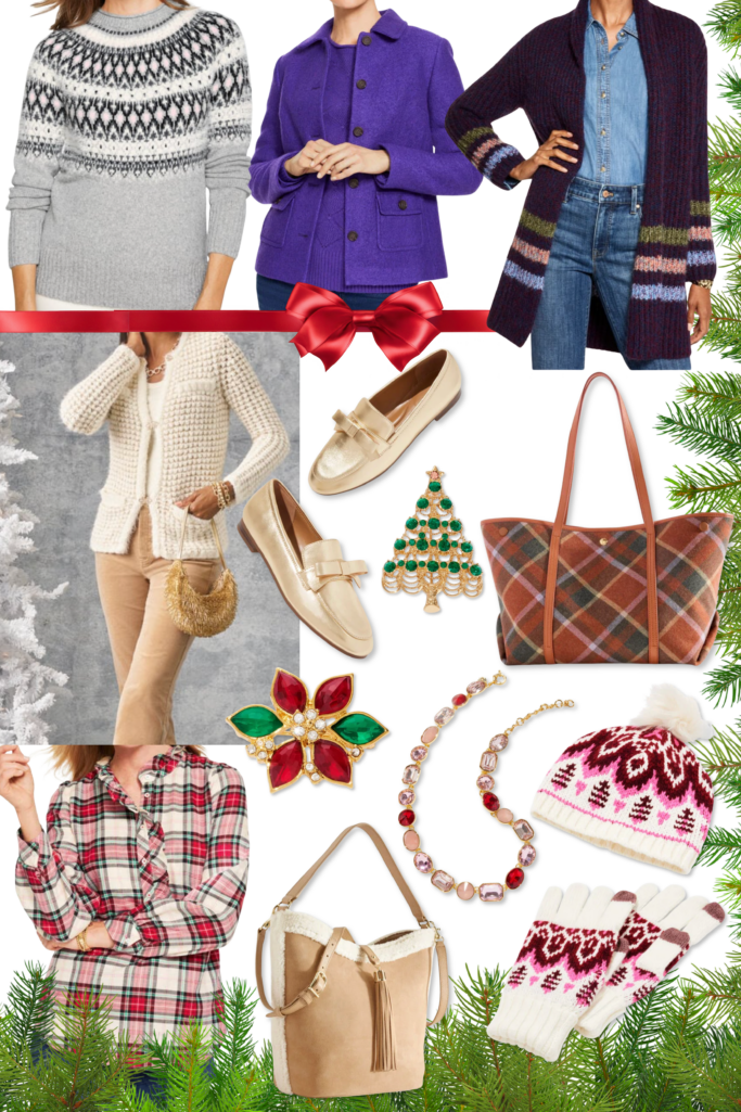 Talbots last-minute gift ideas featuring fair isle sweaters, purple wool jacket, striped long cardigan, cream chunky knit cardigan, gold bow loafers, Christmas tree brooch, poinsettia brooch, plaid tote bag, pink crystal statement necklace, fair isle beanie and mittens set, plaid flannel shirt, and shearling-trim crossbody bag—holiday gifts for stylish women over 50