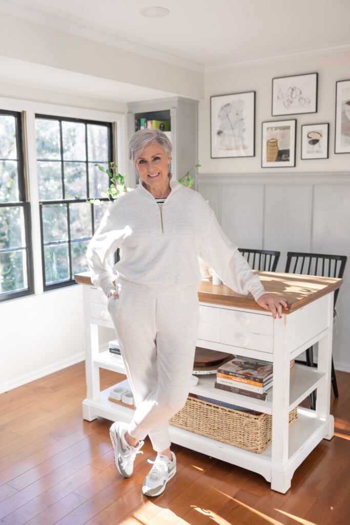 Cozy winter white joggers and half zip sweater outfit