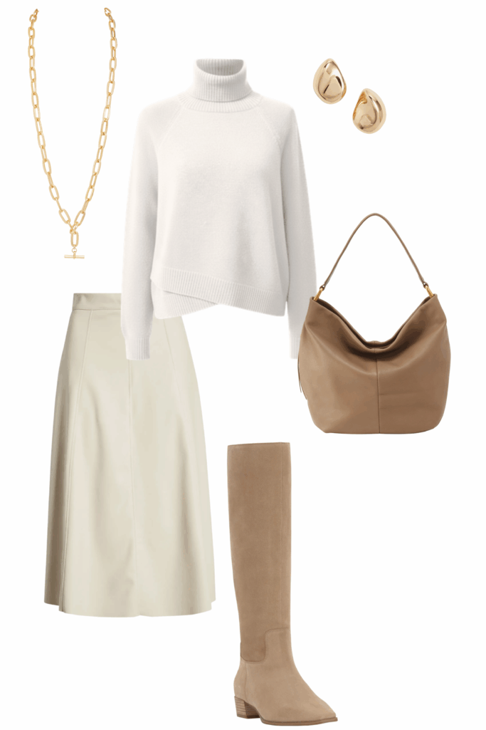 Winter white outfit idea with turtleneck sweater and midi skirt