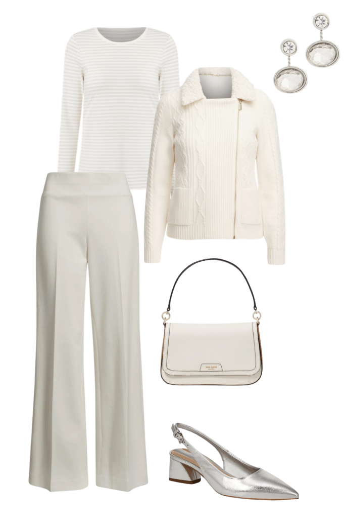 Winter white outfit inspiration flat lay with wide leg pants and cardigan
