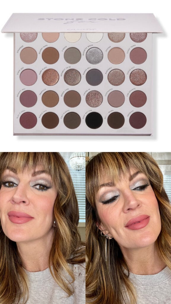 Colourpop Stone Cold Fox neutral eyeshadow palette with 30 shades alongside dramatic silver and neutral eye makeup look demonstration
