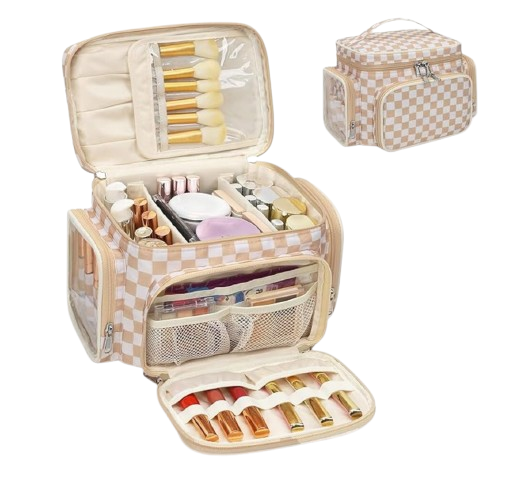 Large checkered travel makeup bag organizer with multiple compartments showing interior storage for cosmetics and brushes