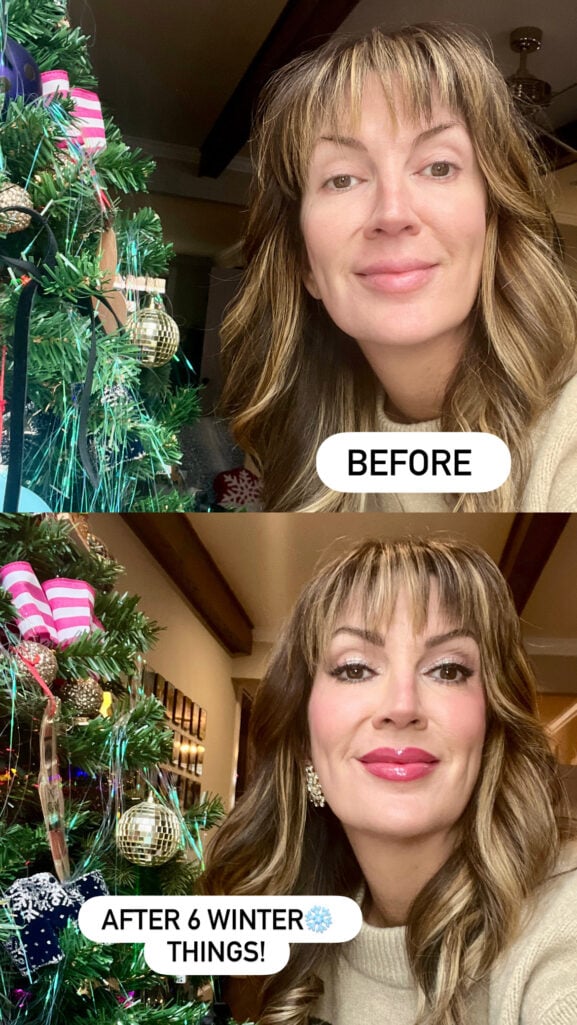 Before and after makeup comparison showing bare face versus complete holiday makeup look with radiant foundation, cream blush, sparkle eyeshadow and berry lip