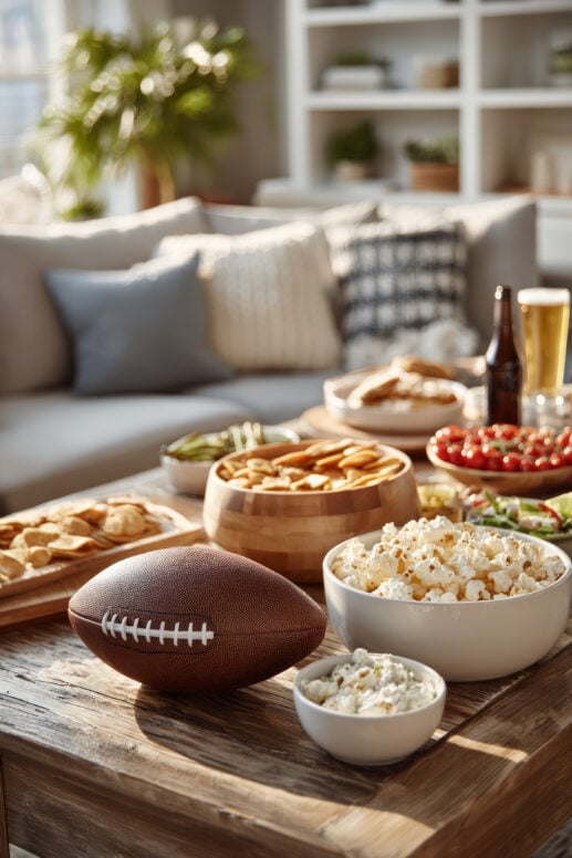 Game day snack spread on a rustic wooden coffee table with a football, popcorn, chips, crackers, dip, and beer in a cozy living room setting