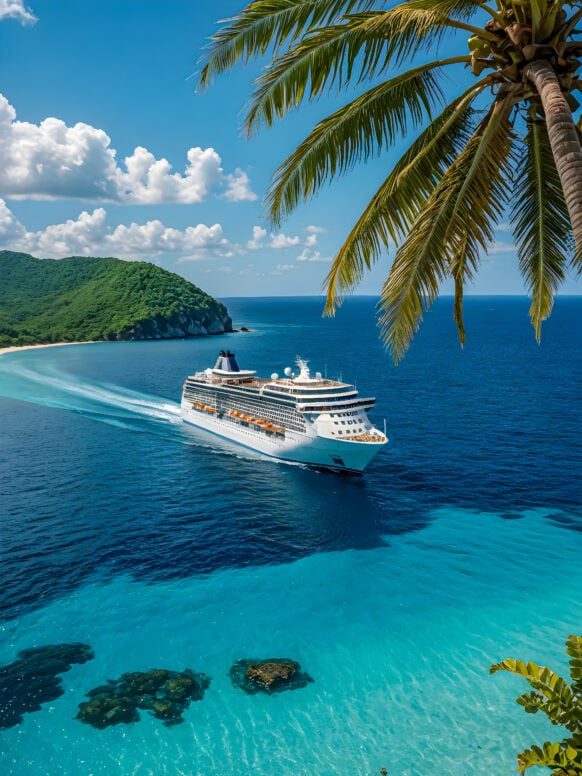 New cruise ship in tropical island lagoon with palm trees with a beautiful sandy beach, surrounded by turquoise sea water. Summer travel tourism concept, family, couples vacation design