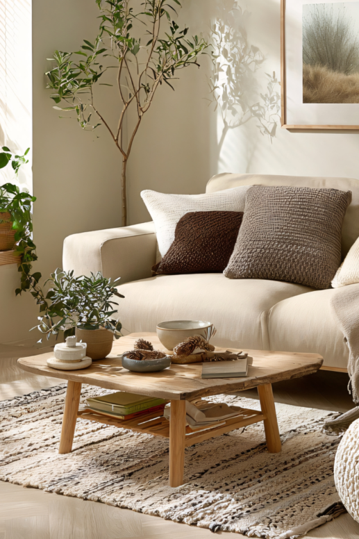 Sunlit neutral living room with a cream upholstered sofa, textured throw pillows, and a light wood coffee table styled with books, pottery, and greenery for a calm, organic feel.