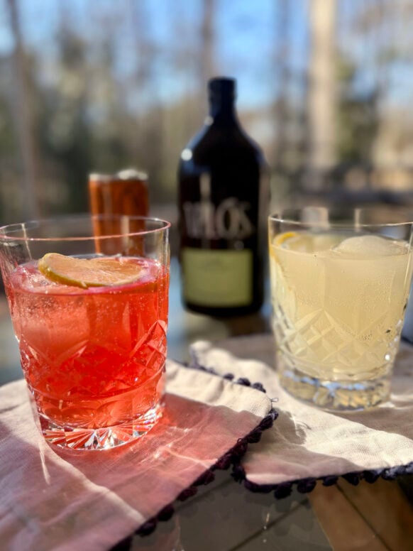 Two finished Aplos mocktails in crystal rocks glasses — a ruby red Mandora Negroni and a pale citrus Calme Spritz — on linen napkins with winter trees in the background