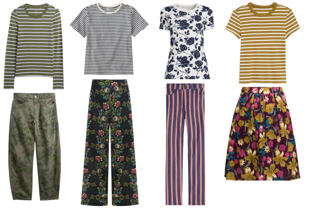Four pattern mixing outfit ideas featuring striped tops paired with floral and printed bottoms — olive striped tee with floral barrel jeans, black and white striped tee with dark floral wide-leg pants, navy floral tee with navy striped jeans, and mustard striped tee with a burgundy floral skirt