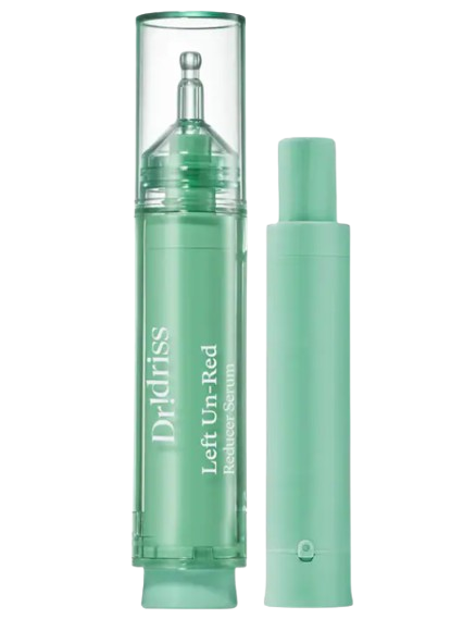 Mint-green Dr. Idriss Left Un-Red Reducer serum bottle with precision applicator, designed to visibly reduce facial redness and calm sensitive skin.