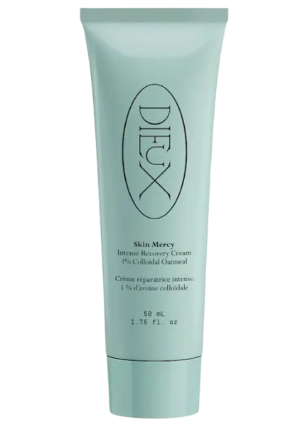 Pale mint Dieux Skin Mercy Intense Recovery Cream in a soft squeeze tube, formulated with ceramides and soothing ingredients for compromised, irritated skin.