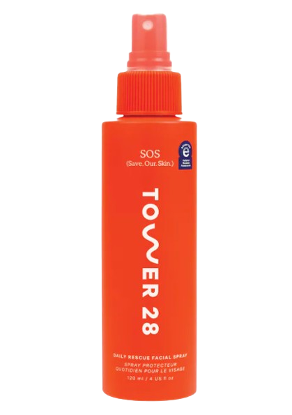 Bright orange Tower 28 SOS Daily Rescue Facial Spray bottle, a hypochlorous acid mist that calms redness, irritation, and acne-prone sensitive skin.
