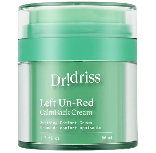 Dr. Idriss Left Un-Red CalmBack Rich Face Cream in a green jar, a barrier-repair moisturizer designed to soothe redness-prone and reactive skin.