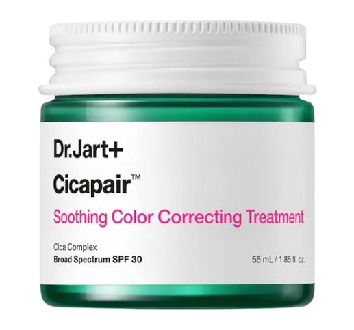 Dr. Jart+ Cicapair Color Correcting Treatment jar with green cream formula that neutralizes redness while providing calming care and SPF 30 protection.