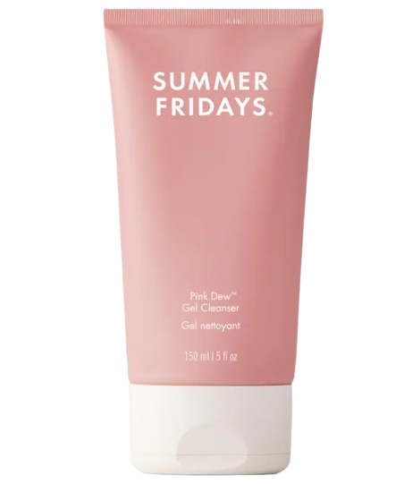 Soft pink Summer Fridays Pink Dew Gel Cleanser tube, a gentle pH-balanced face wash that cleanses without stripping sensitive or redness-prone skin.