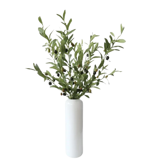 Artificial olive branch stem with realistic green leaves and dark olive details on a slender natural-looking stem arranged in a tall white vase.